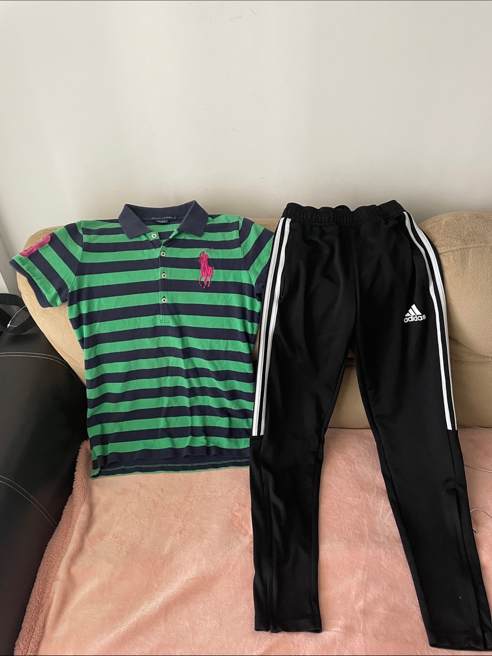 Ralph Lauren Green & Navy Striped Polo with Pink Pony and Adidas pants .